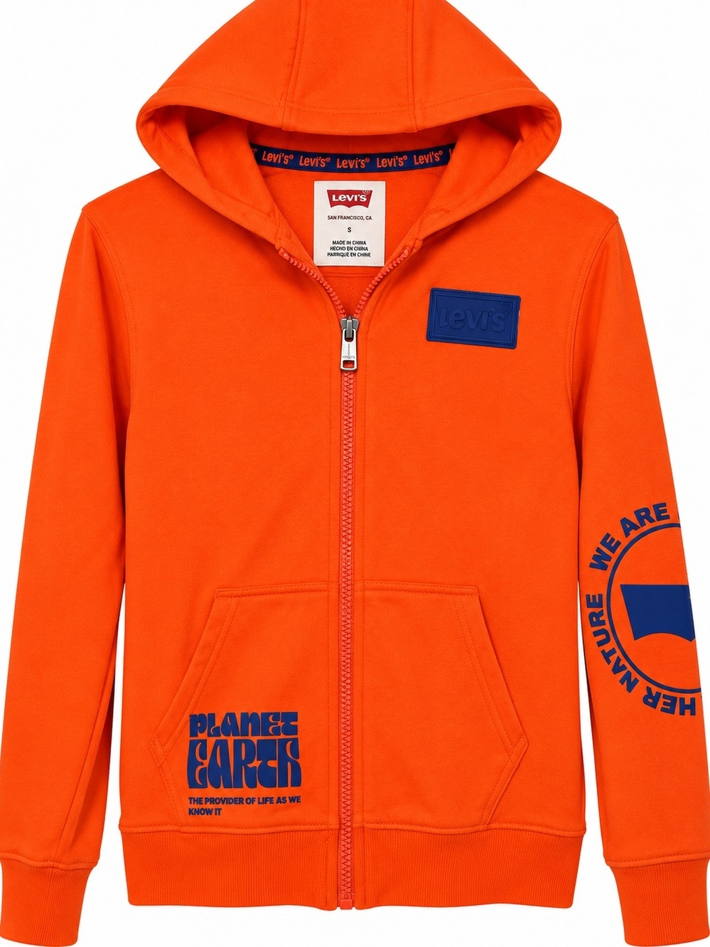 Levi's Kids Bright Orange Zip Hoodie with Blue Logo Accents